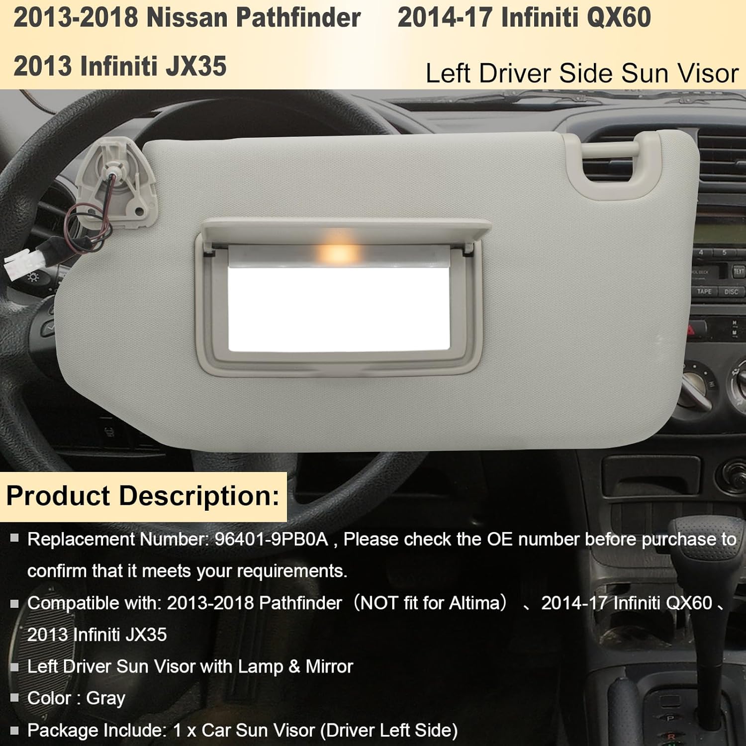 Reemplazo de visera solar del lado izquierdo del conductor compatible con Pathfinder 2013-2018 Infiniti QX60 2014-17 y Infiniti JX35 2013 con