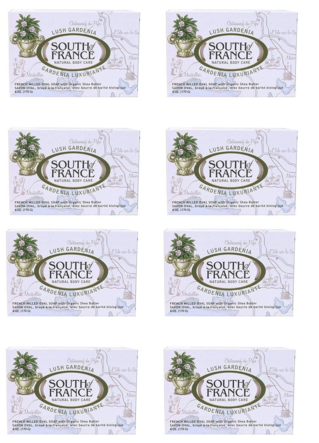 South Of France Milled Bar Soap, Gardenia, 6 onzas (6 onzas (paquete de 8))
