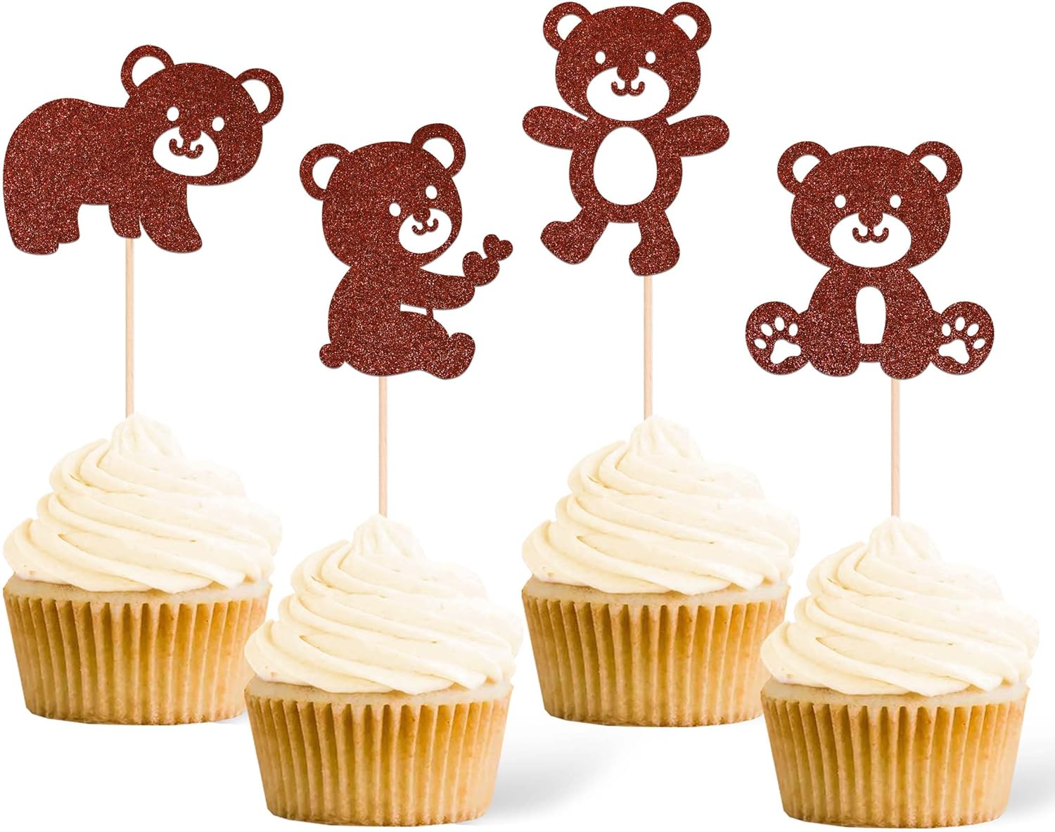 24 piezas de decoración para cupcakes de oso marrón con purpurina marrón de doble cara para cupcakes de oso de amor, decoración de pasteles de
