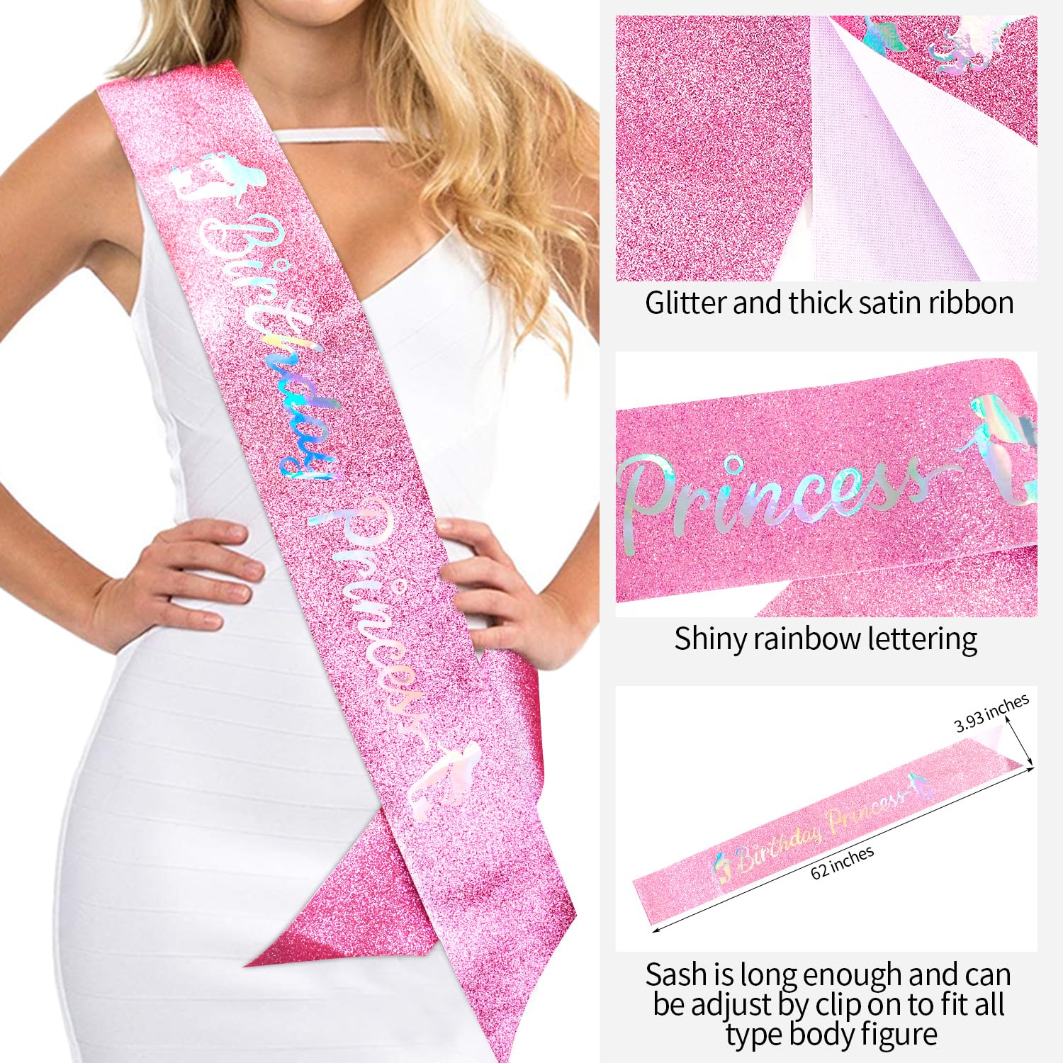 SuPoo Kit de banda y corona de cumpleaños rosa, corona de princesa, tiara de cumpleaños dorada para niña con peine banda de cumpleaños para mujeres,
