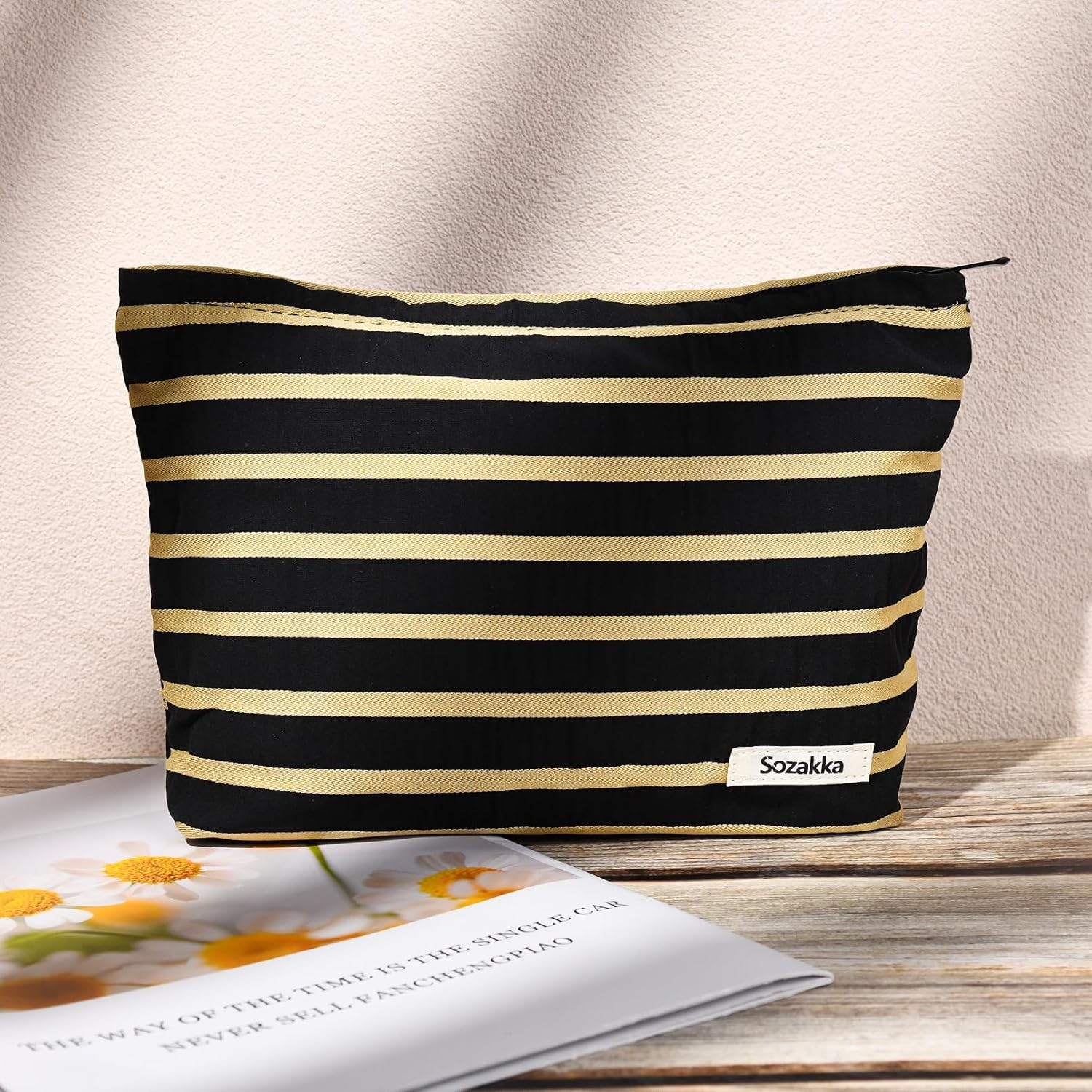 Bolsa de maquillaje de 2 piezas, bolsa grande de cosméticos a rayas, color negro y blanco, bolsa de aseo de viaje, organizador de brochas de
