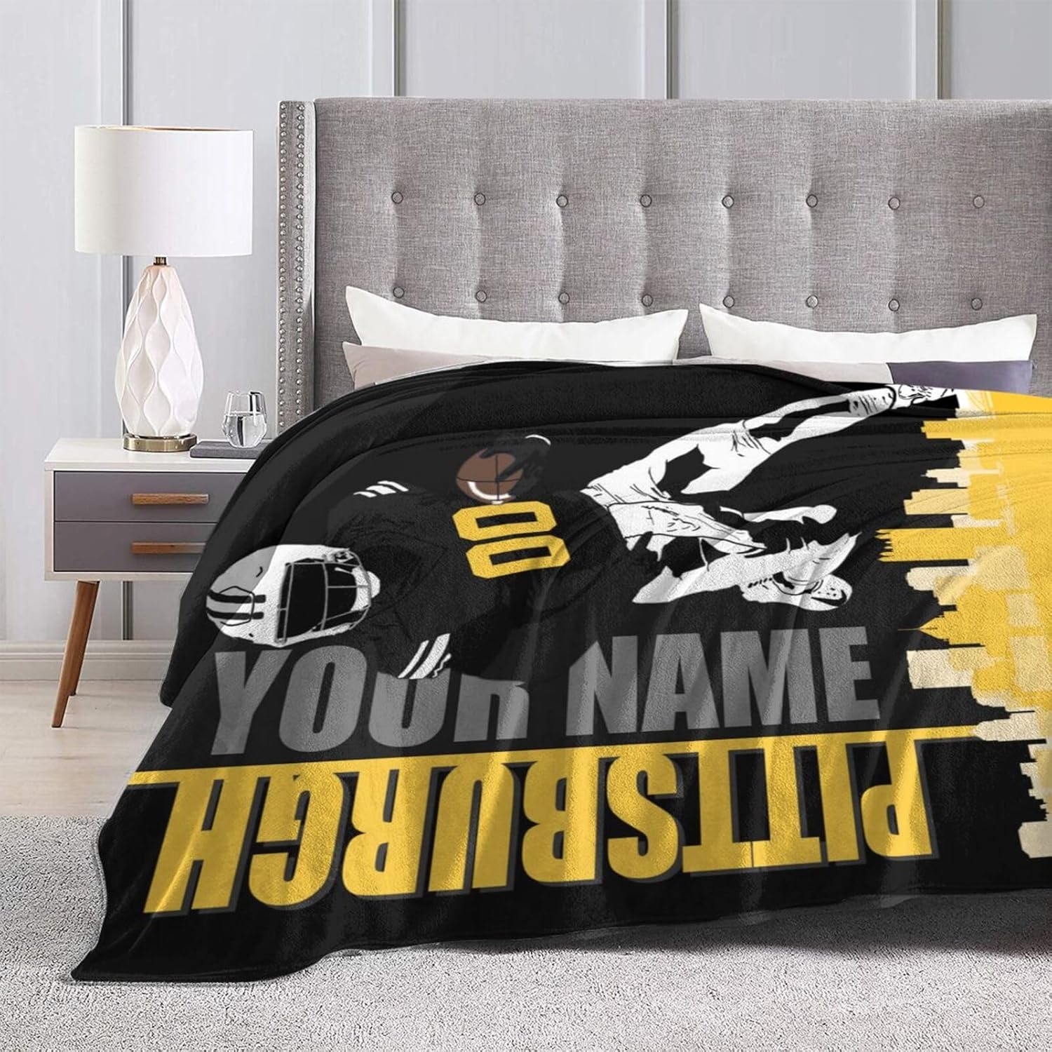Pittsburgh – Manta de franela con nombre y número personalizados para hombres, mujeres y niños, regalo de decoración de estilo de fútbol, 40 x 50