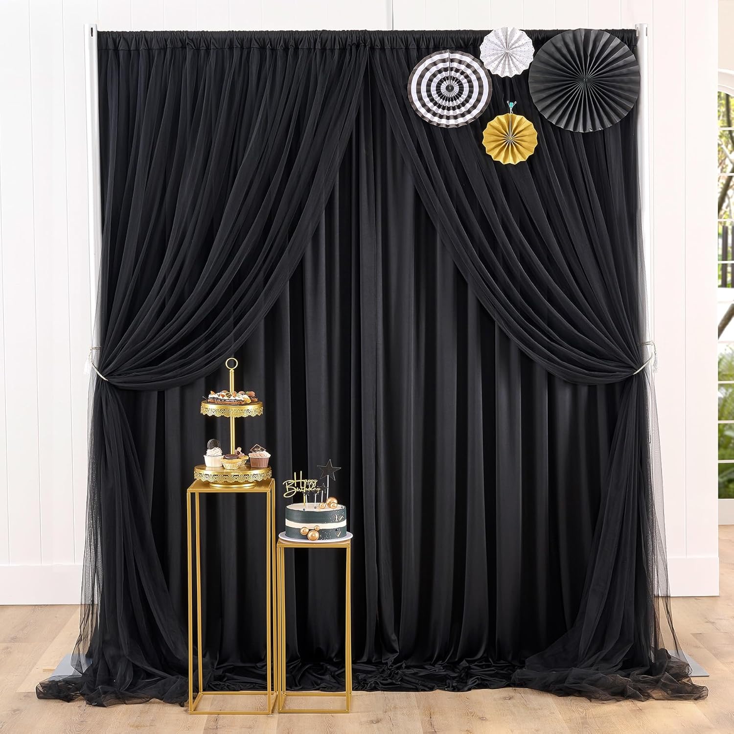 Paneles de cortina de tul negro de 30 x 10 pies, doble capa sin arrugas, cortinas de tul negro para bodas, fiestas de Halloween, cumpleaños,