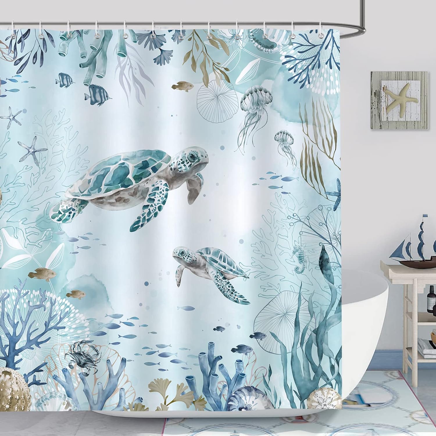 Bonhause Cortina de ducha con diseño de tortuga marina para baño, cortina de baño decorativa costera, 72 x 84 pulgadas, tela de poliéster,