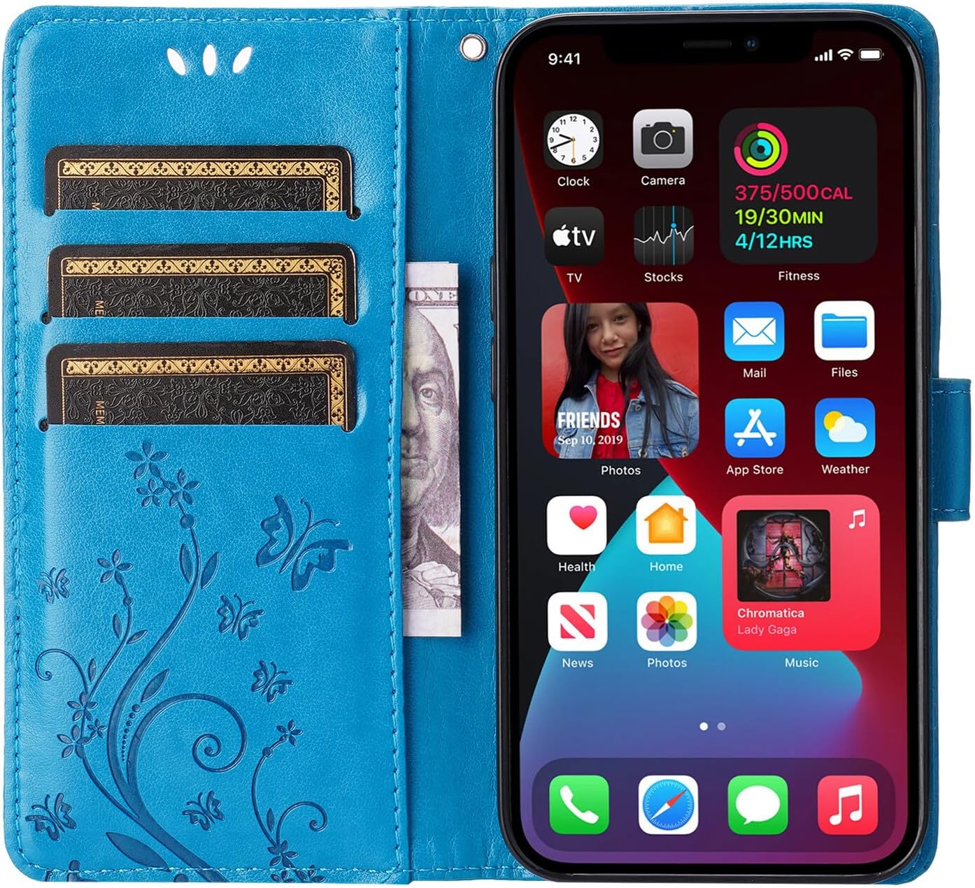 Funda tipo cartera compatible con iPhone 15, de piel sintética, diseño floral de mariposas, funda de silicona con soporte para tarjetas, función