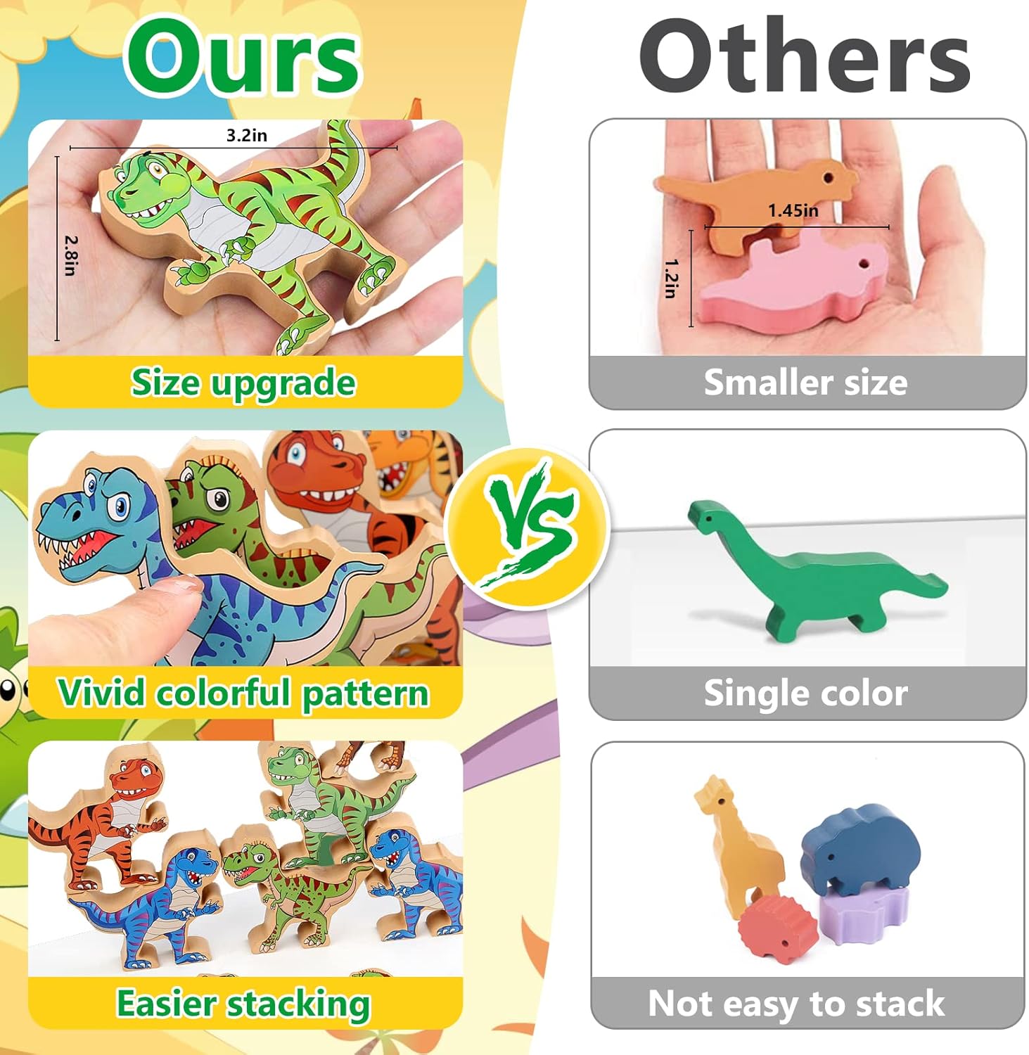 Juguetes de dinosaurio apilables de madera para niños, 16 piezas de juguete de dinosaurio para niños de 3 a 5 años, juguetes Montessori, juego de
