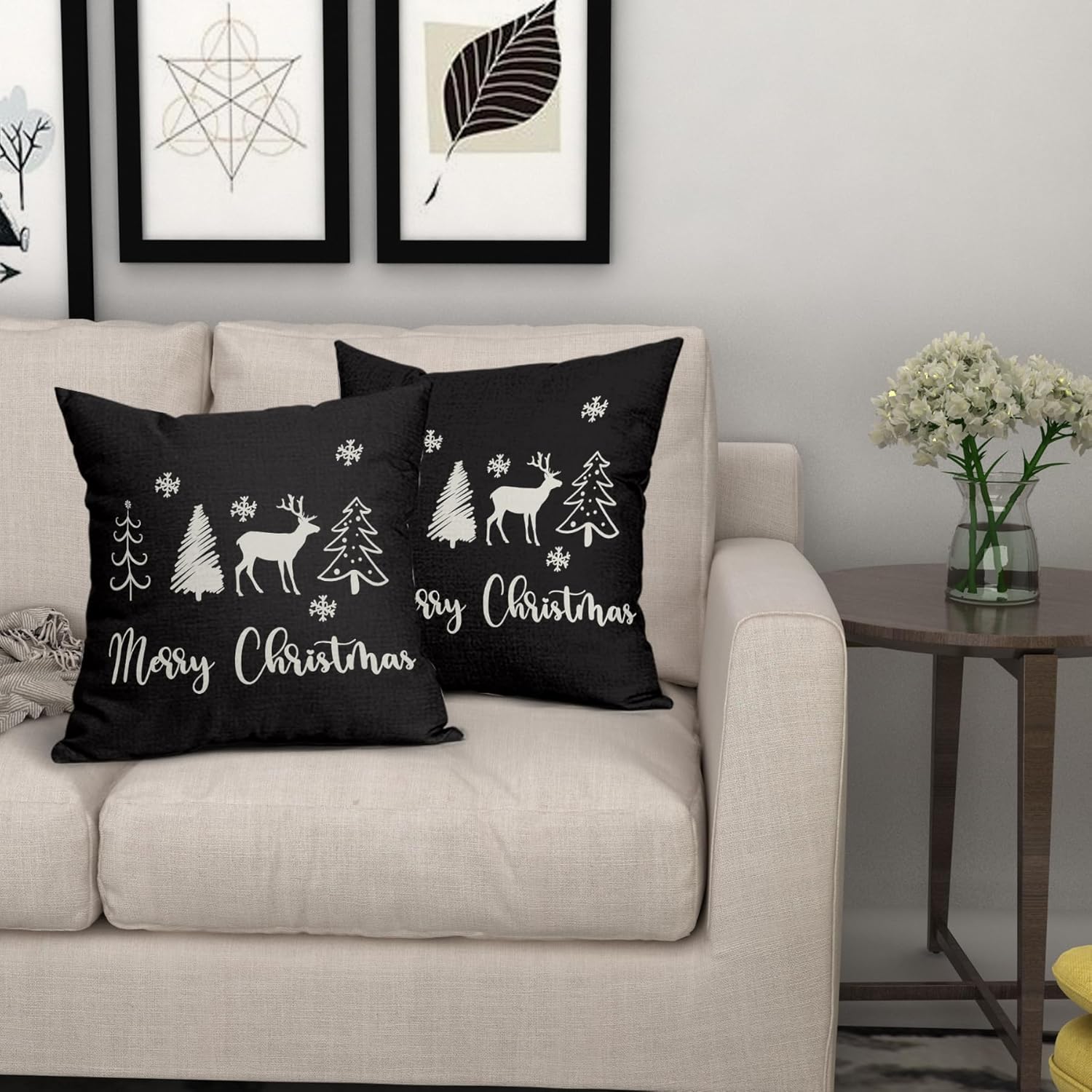 Juego de 2 fundas de almohada de Navidad negras de 18 x 18 pulgadas, diseño de árbol de ciervo, copos de nieve, fundas de almohada decorativas de