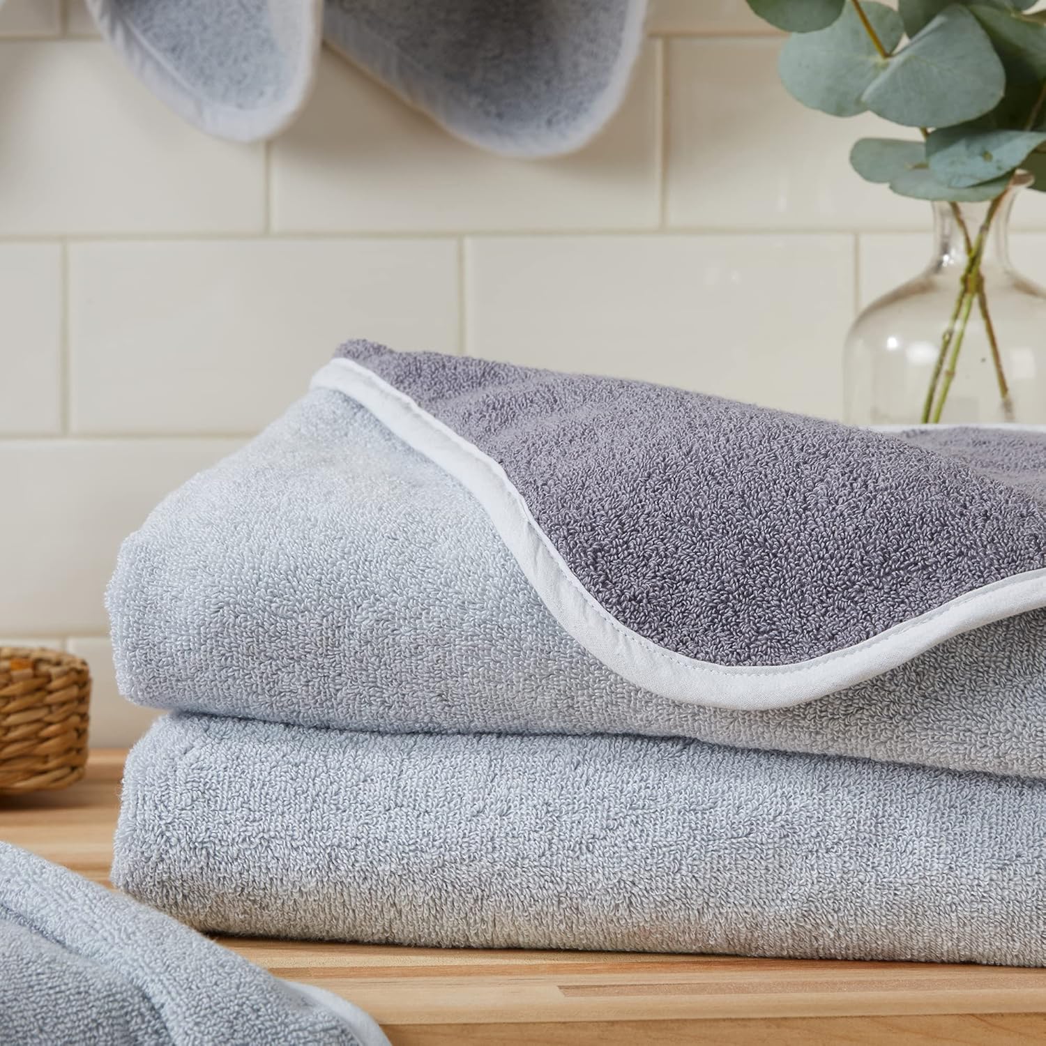 Toallas de baño reversibles de dos tonos 100 % algodón, absorbentes de secado rápido, de felpa de la colección Vanessa (2 unidades), griscarbón