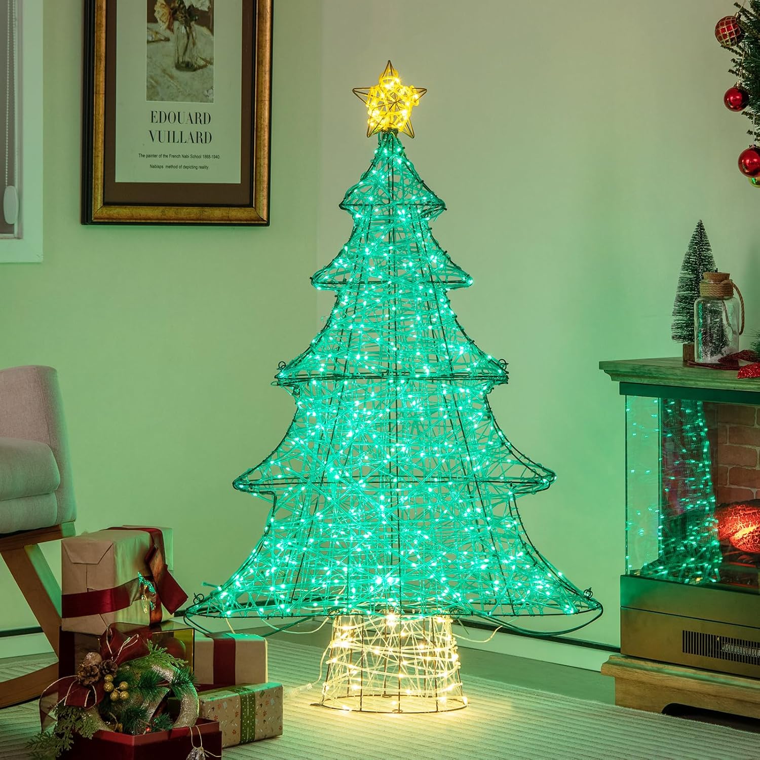 Tangkula Árbol de Navidad artificial iluminado de 4 pies, decoración de árbol de Navidad con 520 luces LED, estrella superior, cadena de luz