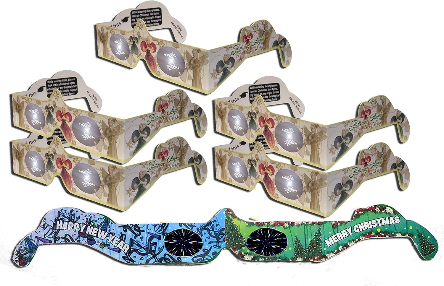 Gafas de Navidad 3D  Holiday Eyes (R) Gafas de Navidad de ángel paquete variado de 6 pares  5 gafas de ángel y 1 gafas de fuegos artificiales de