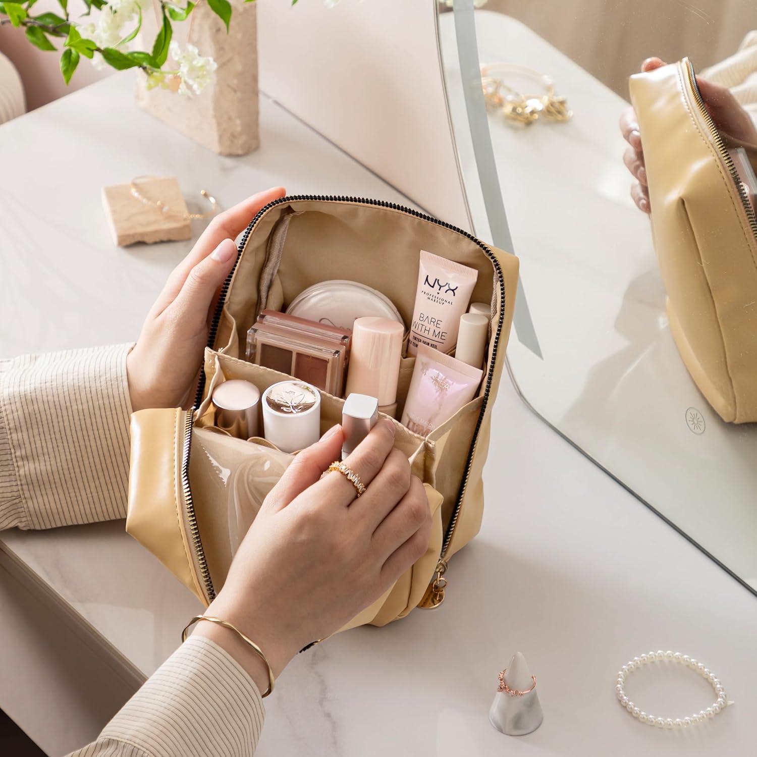HBselect Bolsa de maquillaje de viaje, bolsa de cosméticos portátil con cremallera para mujer, elegante bolsa de cosméticos portátil para mujeres