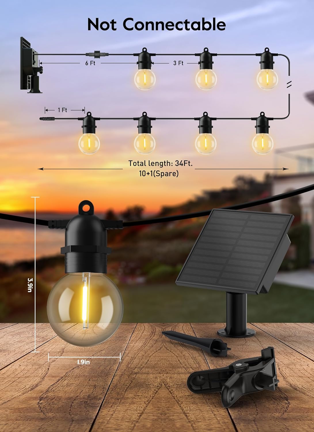 Brightown Tira de luces solares para exteriores de 34 pies  LED G40 Pro Globe Patio ahorro de energía con 11 bombillas inastillables, 3 modos de