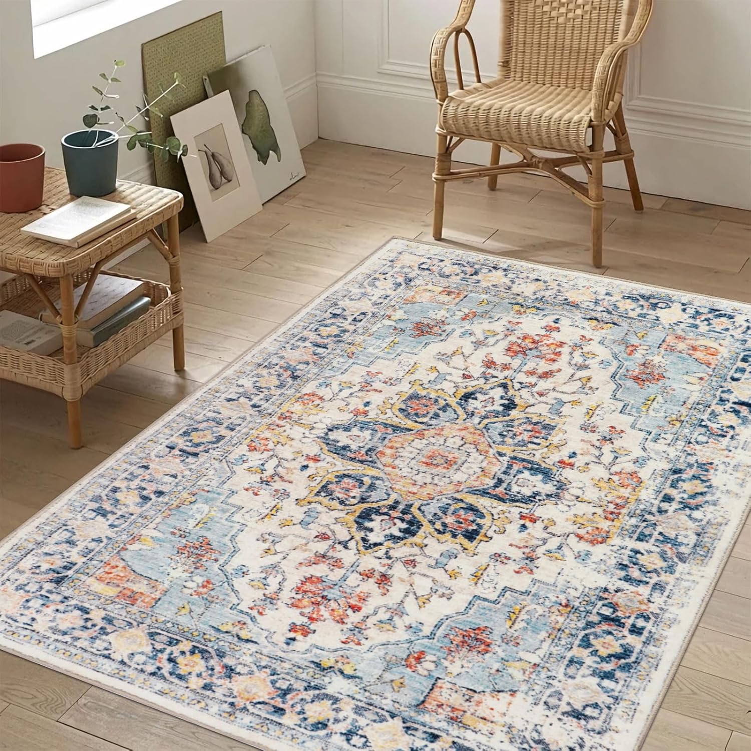 Homcomoda Alfombra de área pequeña de 3 x 5 pies, antideslizante, lavable para entrada, alfombra de entrada de pelo bajo, alfombras vintage para