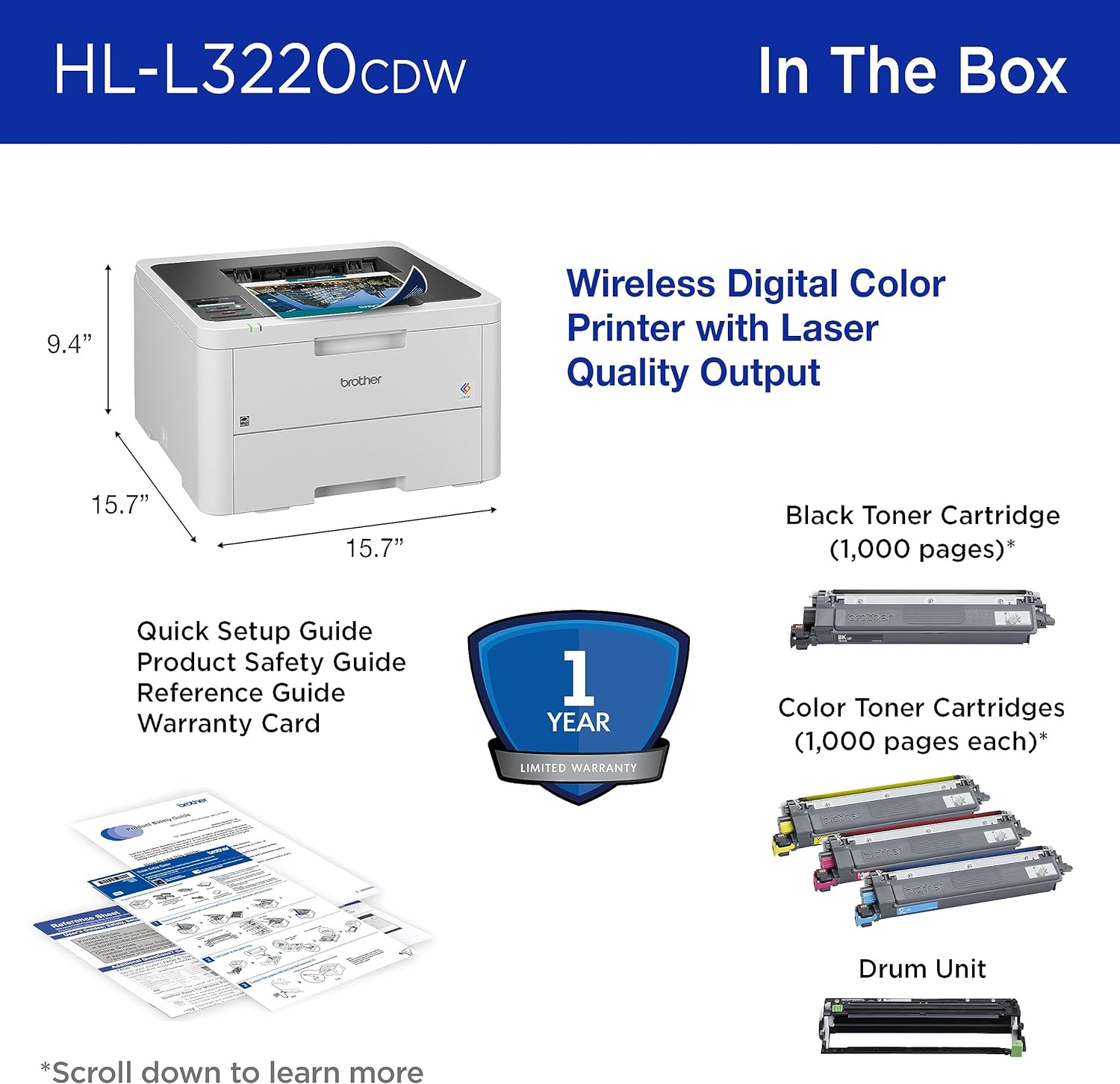 Brother HL-L3220CDW Impresora digital inalámbrica compacta a color con salida de calidad láser, impresión dúplex y dispositivos móviles  Incluye 4