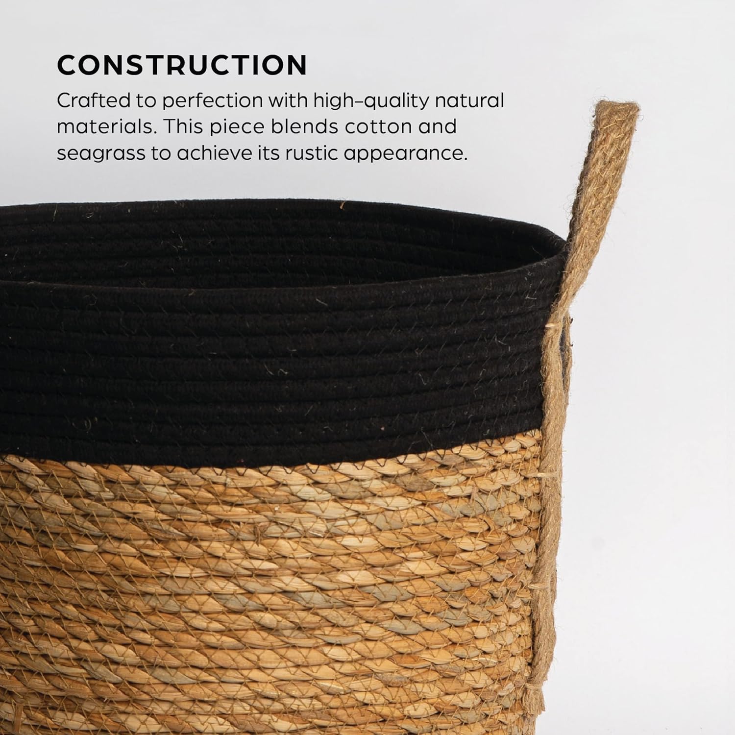 Coastal Charm – Exquisita canasta tejida de hierba marina con asas, solución de almacenamiento natural atemporal versátil y elegante en ribete negro
