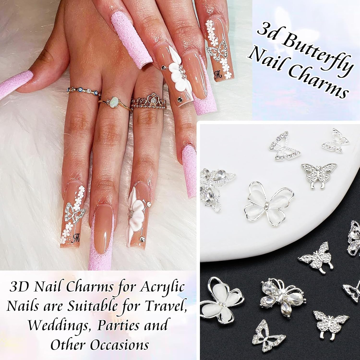Kit de dijes para arte de uñas con flores blancas acrílicas 3D, 20 piezas de dijes de mariposa de metal con formas mixtas, diamantes de imitación