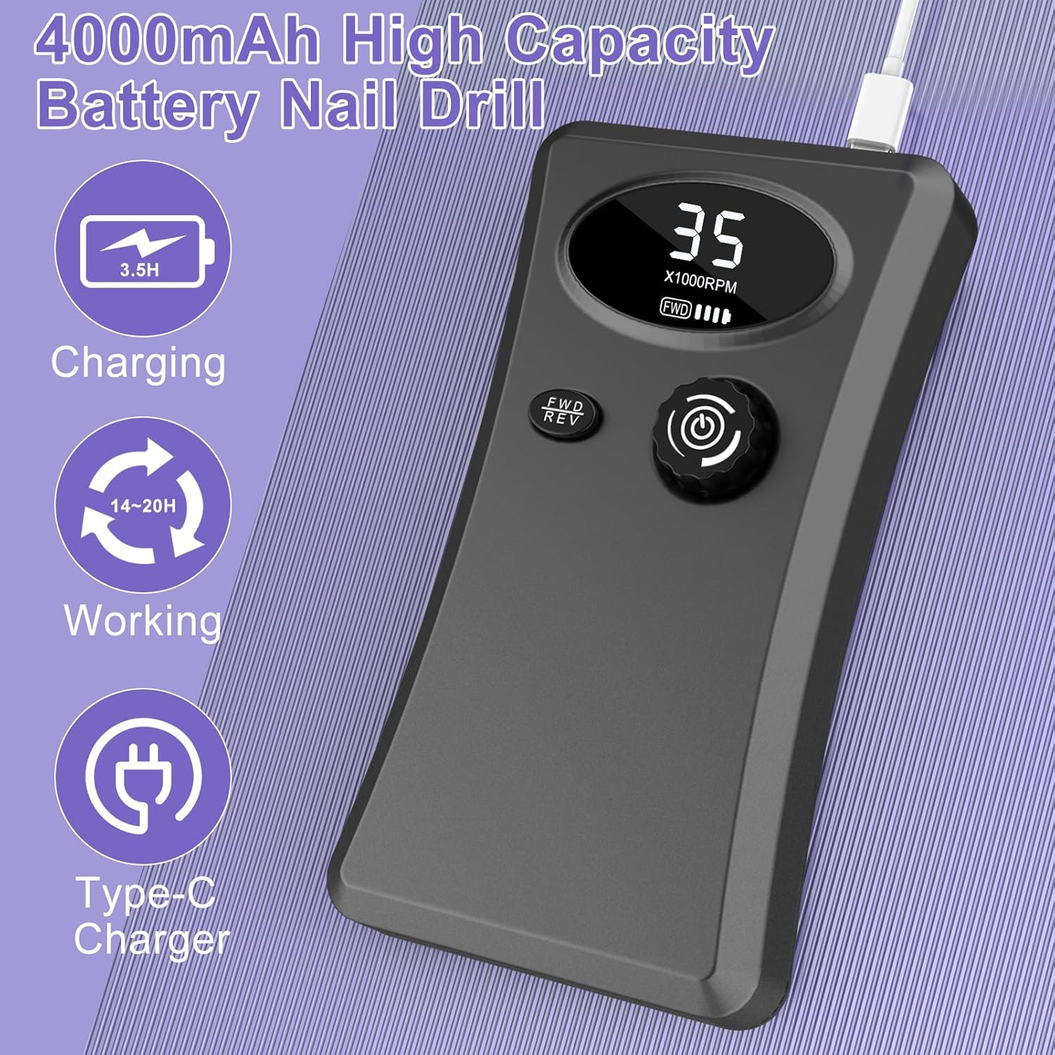 Cadrim Lima de uñas eléctrica, taladro de uñas portátil de 35000 RPM, taladro de uñas inalámbrico, juego de máquina de taladro de uñas profesional