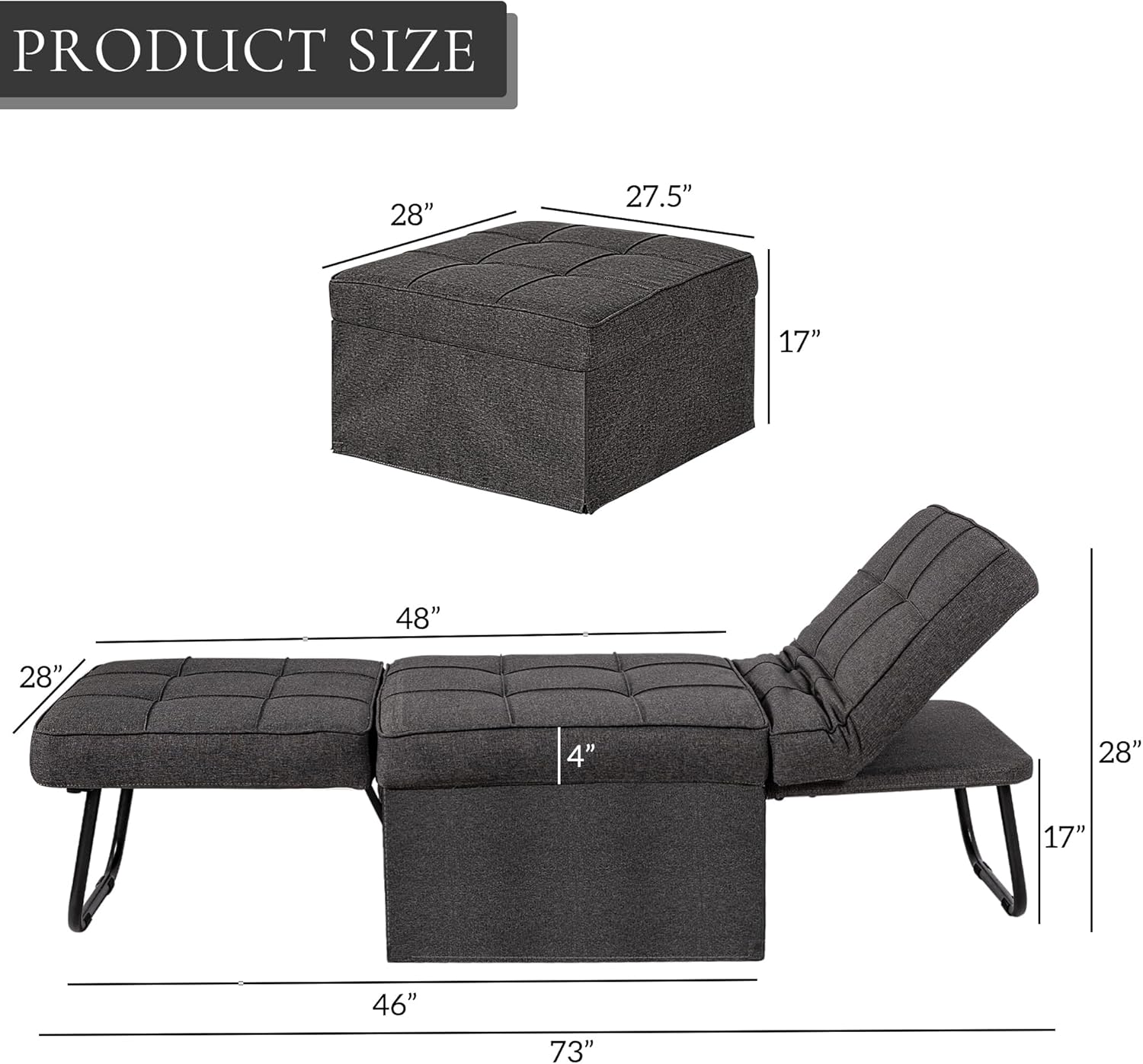 Sofá cama convertible, cama otomana plegable multifunción 4 en 1 con respaldo ajustable, moderna silla extraíble para sala de estar, apartamento,