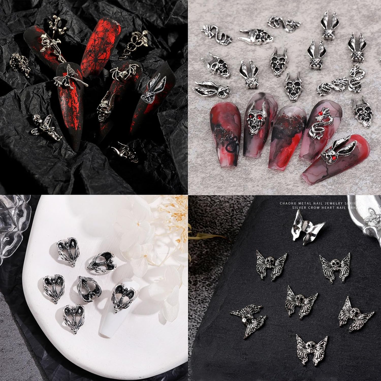 130 dijes de uñas de metal plateado 3D Y2K para uñas cromadas y accesorios de pulsera punk, aleación vintage, mariposa, cruz, corazón, cráneo,