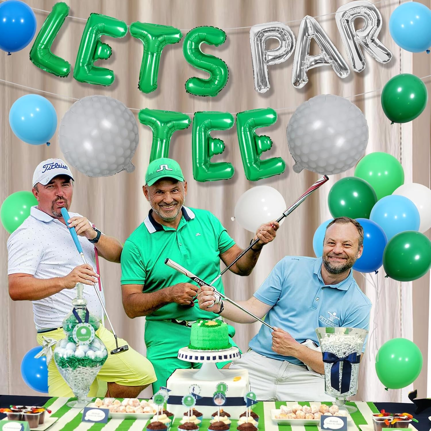 JOYMEMO Decoraciones de fiesta de golf para niños y hombres, pancarta de globo de Let’s ParTee azul y verde, globos de pelota de golf, decoración de