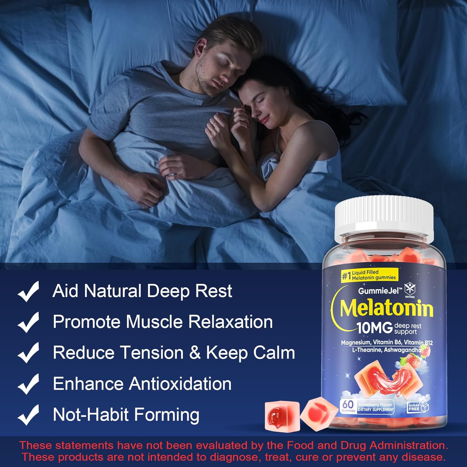 Gomitas de melatonina sin azúcar, 10 mg 20 mg con glicinato de magnesio para adultos, L-teanina, ashwagandha, B6, metilo b12, bálsamo de limón y