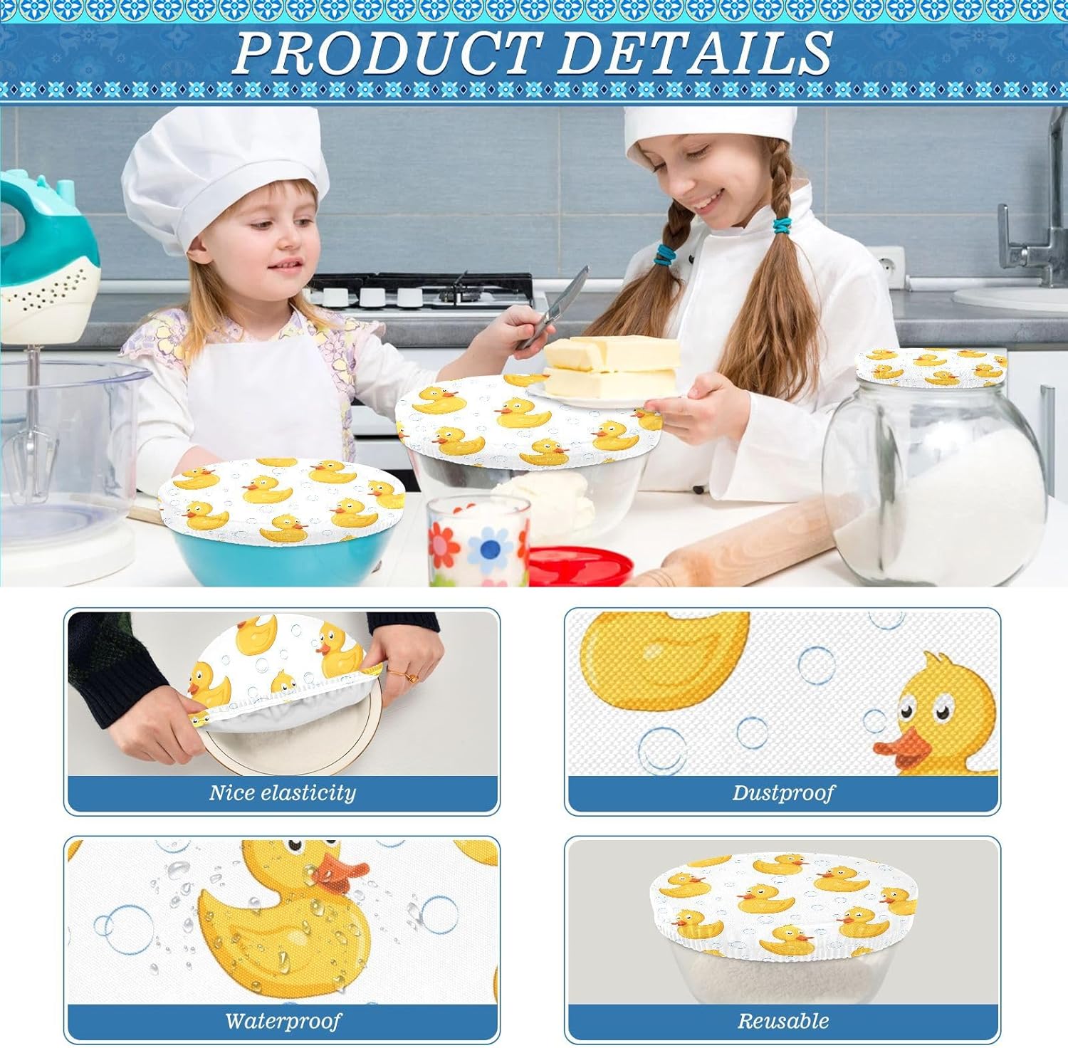 Rubber Duck – 5 fundas elásticas reutilizables para tazones para almacenamiento de alimentos, tapas de tela elástica con 5 tamaños diferentes,