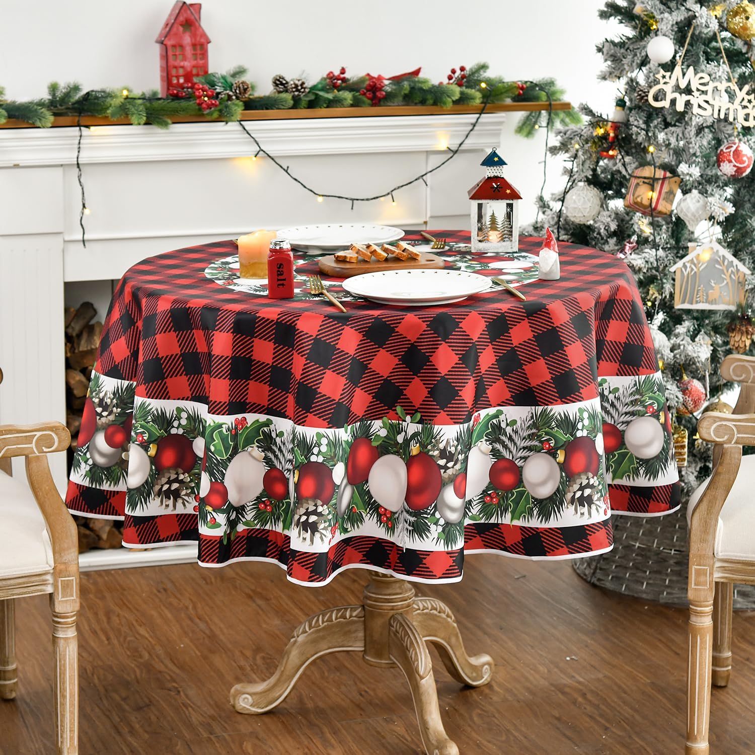 Horaldaily Mantel redondo de Navidad de 70 x 70 pulgadas, adornos de bolas de Navidad, búfalo rojo, a cuadros, lavable, para fiesta, picnic,