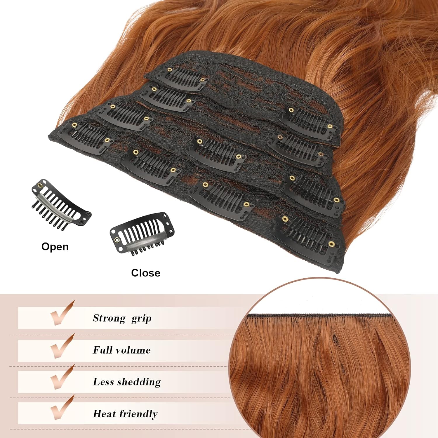 FESHFEN Extensiones de cabello con clip, 4 piezas de extensiones de cabello sintético largo ondulado con clip, extensiones de cabello sintético de