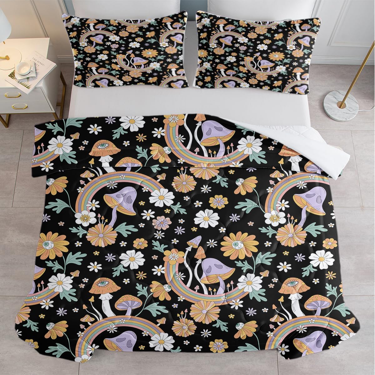 SOULZZZ Juego de ropa de cama retro de hongos hippie tamaño matrimonial, edredón floral de hongos margaritas para niñas y mujeres, edredón negro con