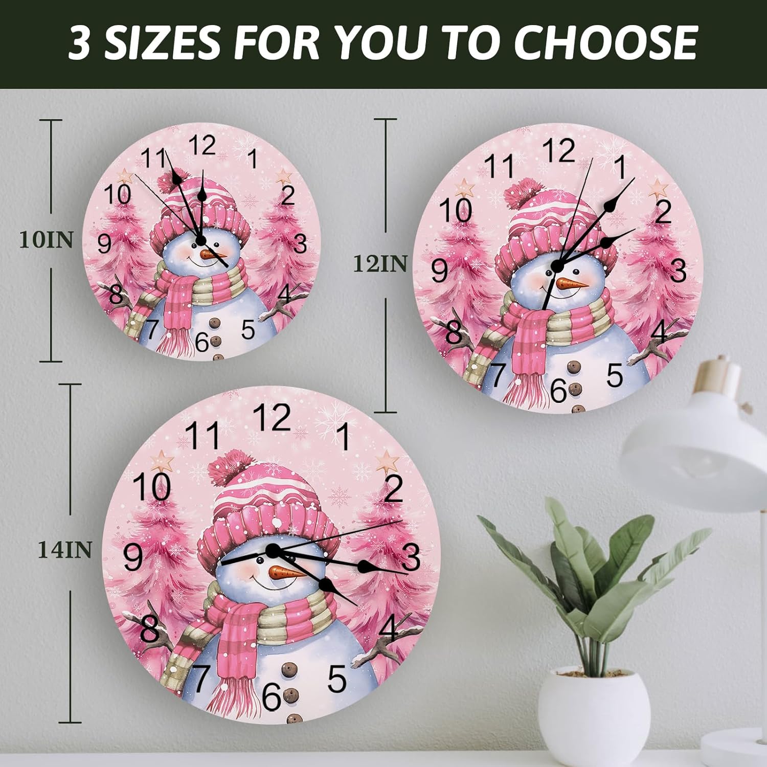Artwork Store Reloj de pared de Navidad silencioso de 10 pulgadas, con diseño de muñeco de nieve rosa, copo de nieve, funciona con pilas, elegante,
