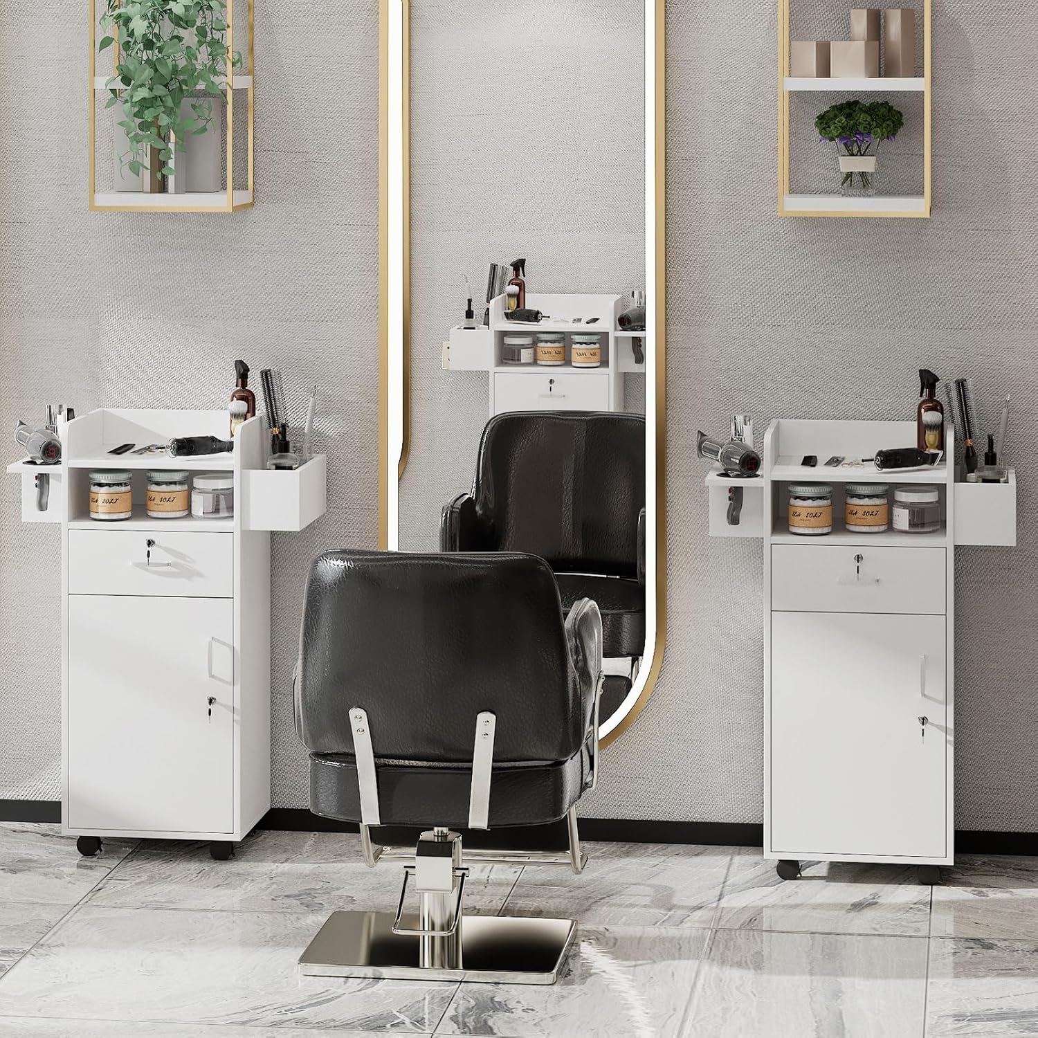 Estación de peluquería, estación de salón versátil para estilistas con cajones de bloqueo y 3 fundas de herramientas para salón de belleza (15.7 x