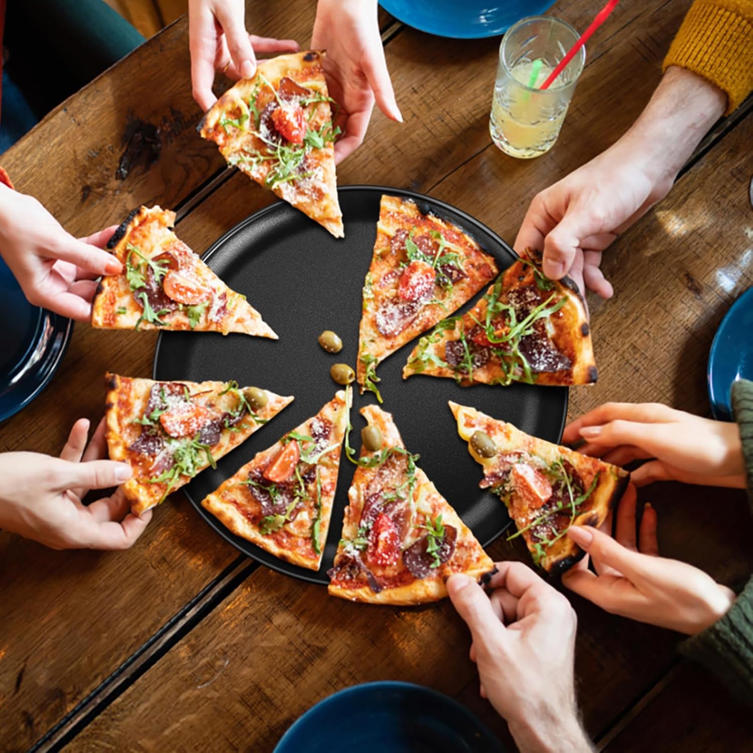 E-far Juego de 2 sartenes para pizza de 13.5 pulgadas, bandeja antiadherente para tartas de pizza, bandeja redonda de metal para horno, núcleo de