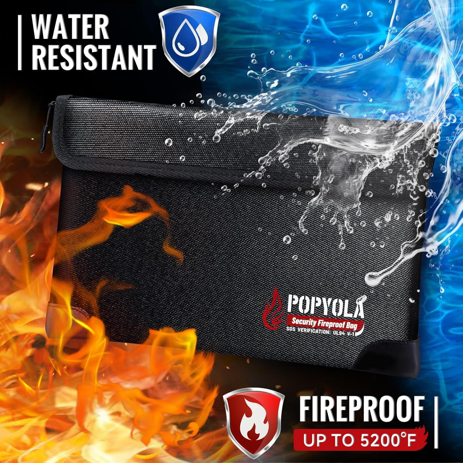 POPYOLA Bolsa de documentos ignífuga, mejorada 5200F bolsa ignífuga con aislamiento térmico, 12 x 8.3 pulgadas, bolsa impermeable ignífuga para