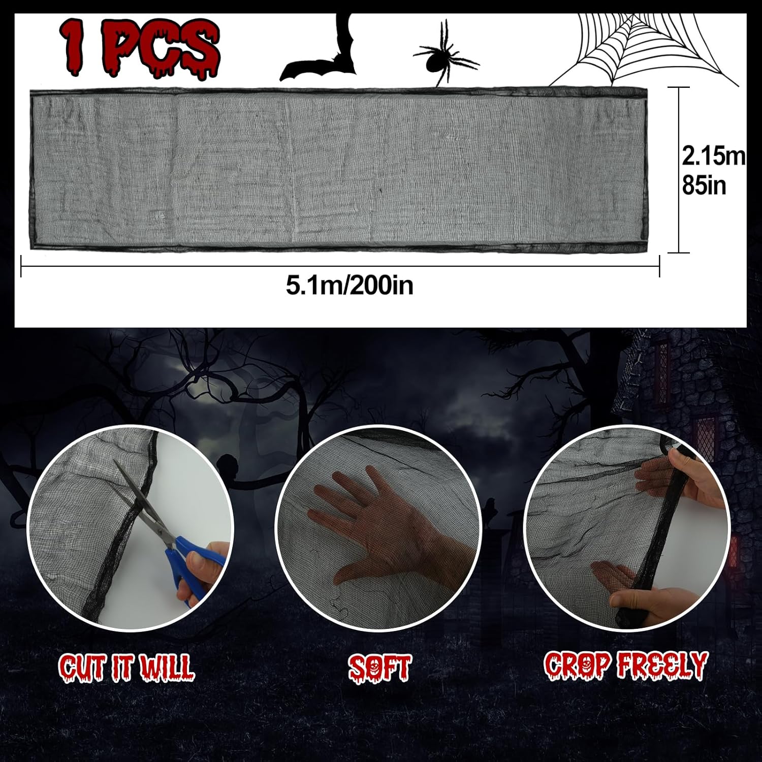 NEBURORA Tela espeluznante de Halloween de 200 x 85 pulgadas para decoración de fiesta de casa embrujada para Halloween, decoración de habitación,
