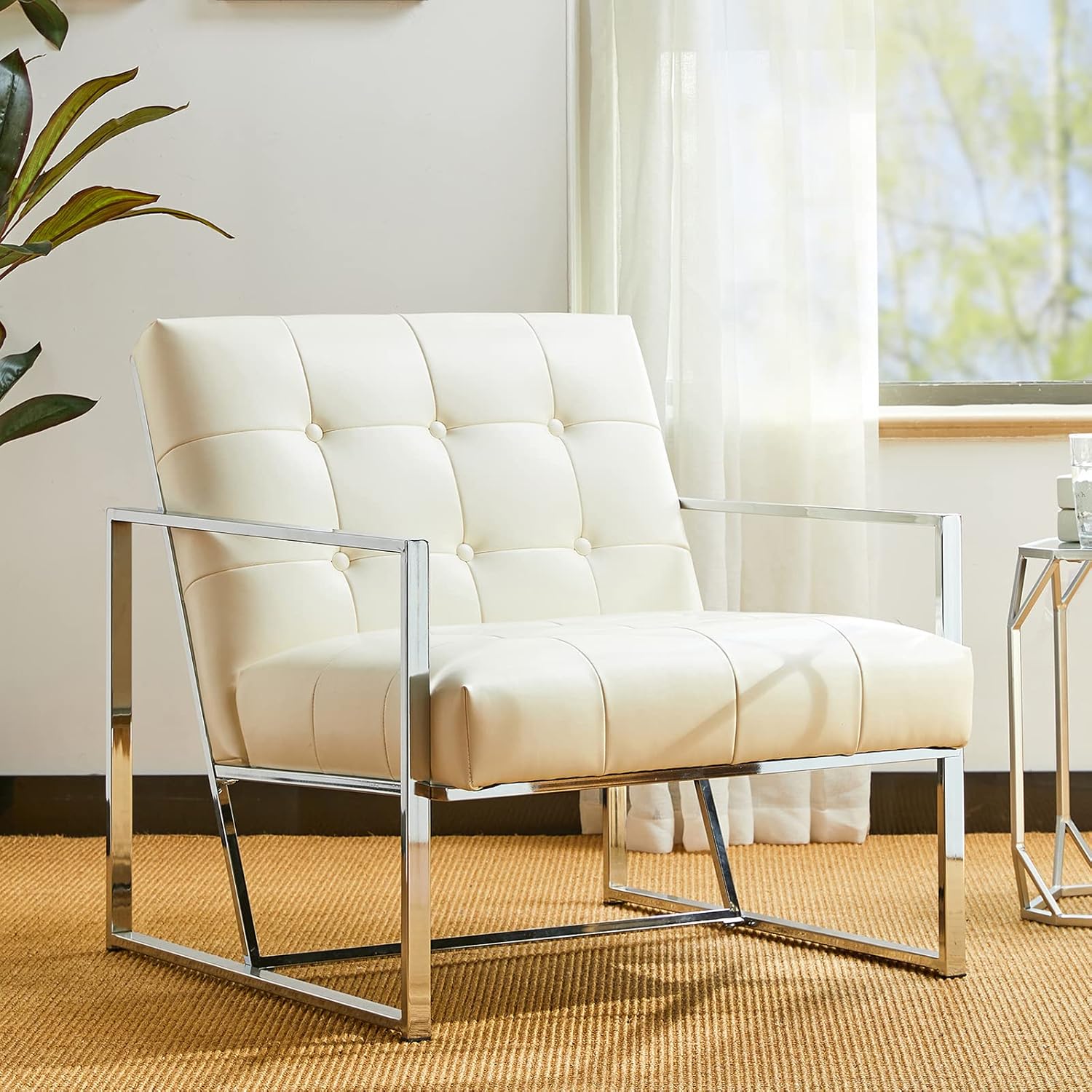 glitzhome Silla decorativa moderna de mediados de siglo, sillas modernas para sala de estar con marco de metal duradero, acolchado de piel