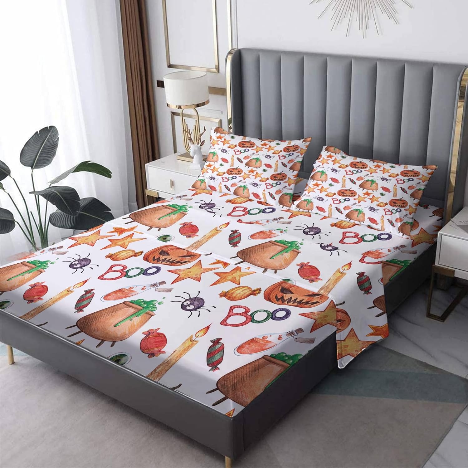Juego de sábanas de Halloween tamaño Queen, sábanas de calabaza, sábanas y fundas de almohada estampadas de 4 piezas, sábana bajera ajustable de
