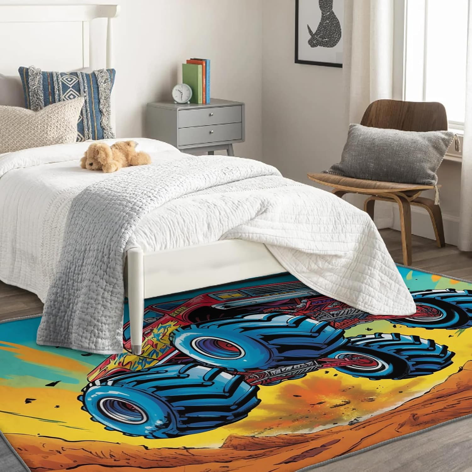 Alfombra de camión monstruo y decoración del hogar, alfombra de 5 x 8 pies, alfombras para niños, alfombra para sala de estar, dormitorio, alfombra