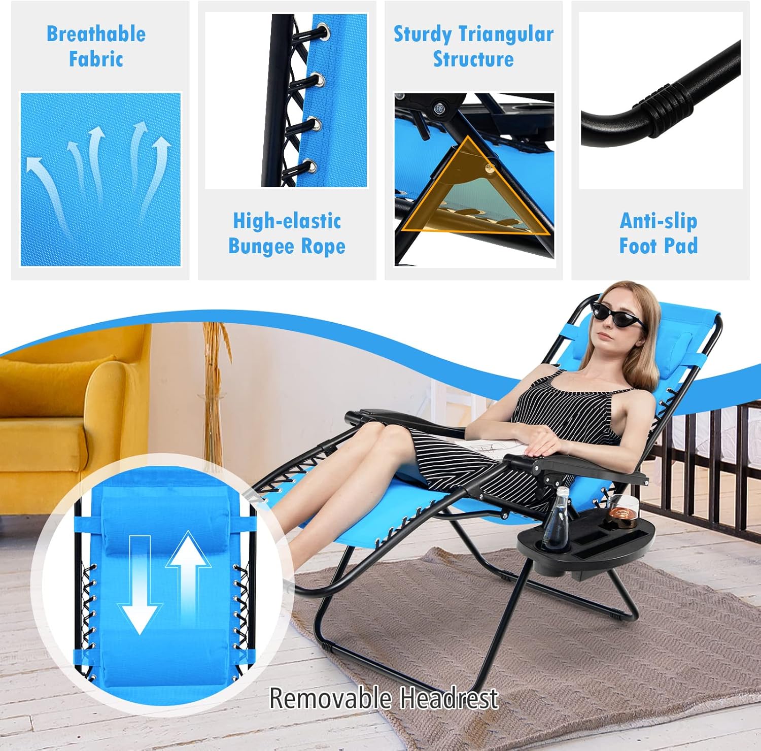 Tangkula Juego de 2 sillas de gravedad cero, silla plegable para patio, reclinable, ajustable, con soporte para tazas, reposabrazos anchos para