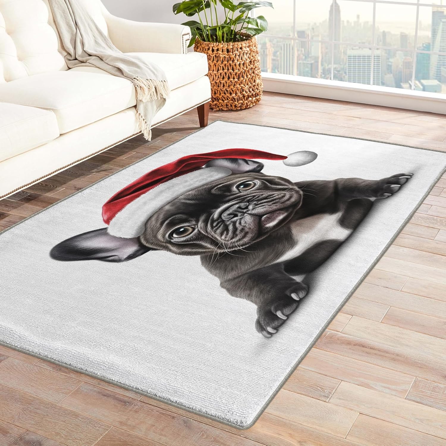Alfombra negra de bulldog francés y decoración del hogar, alfombra de 3 x 4, alfombra de Navidad para perros para sala de estar, dormitorio,