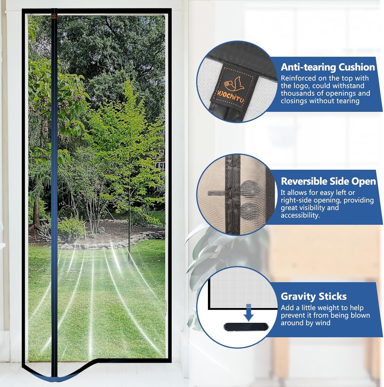 WochiTV Malla reversible para puerta de 36 x 80 pulgadas, pantalla magnética de apertura lateral izquierda y derecha, tamaño de 38 x 82 pulgadas,