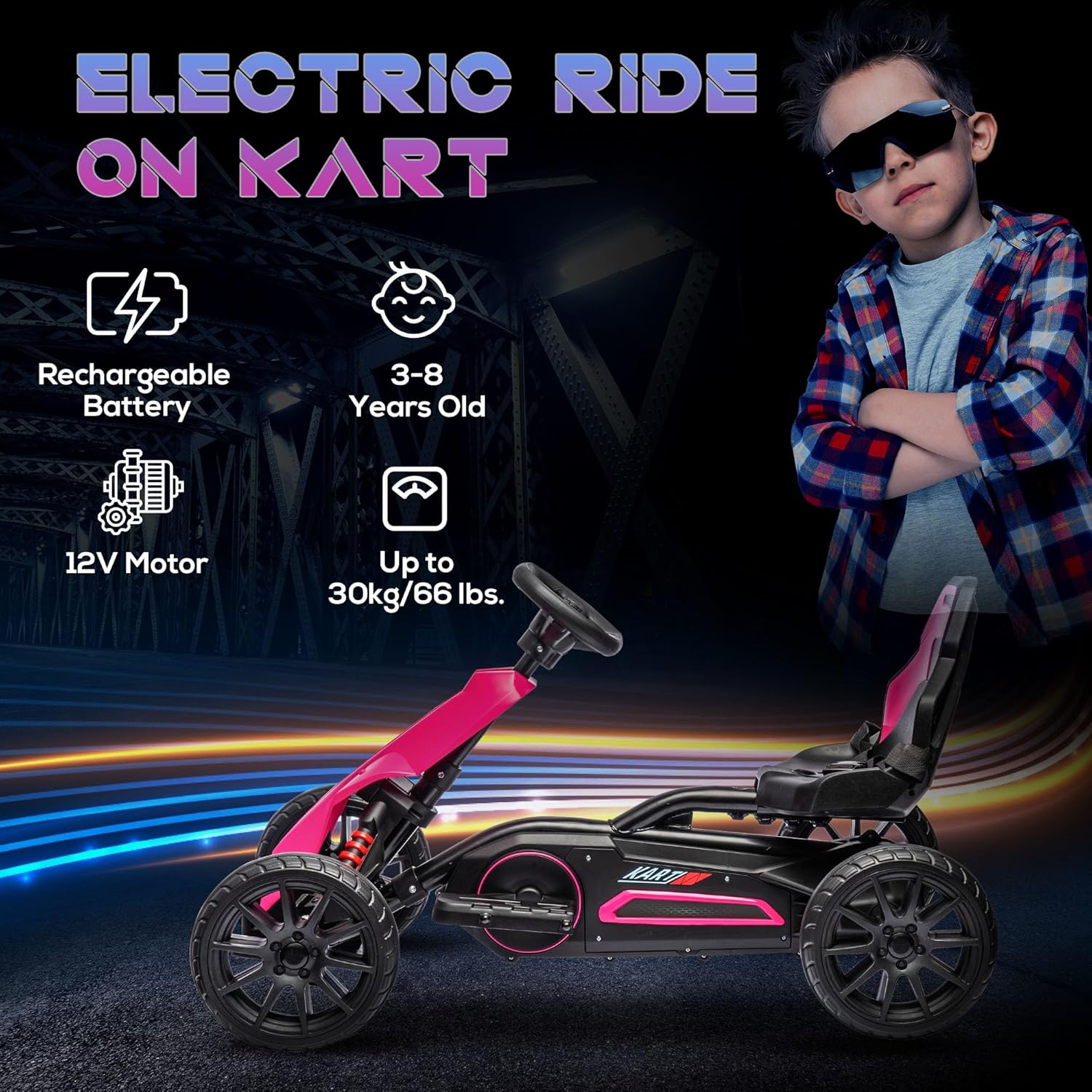 Aosom Go Kart eléctrico de 12 V para niños, juguete para montar al aire libre con accionamiento hacia adelante hacia atrás y velocidad ajustable,