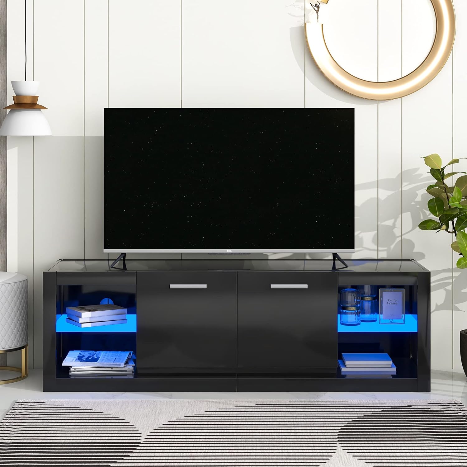 P PURLOVE Soporte de TV moderno con almacenamiento, soporte de TV LED negro, centro de entretenimiento para juegos, gabinete de TV con luces LED que