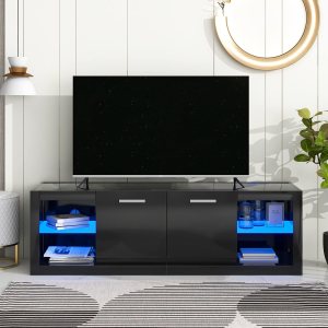 P PURLOVE Soporte de TV moderno con almacenamiento, soporte de TV LED negro, centro de entretenimiento para juegos, gabinete de TV con luces LED que P PURLOVE Soporte de TV moderno con almacenamiento, soporte de TV LED negro, centro de entretenimiento para juegos, gabinete de TV con luces LED que