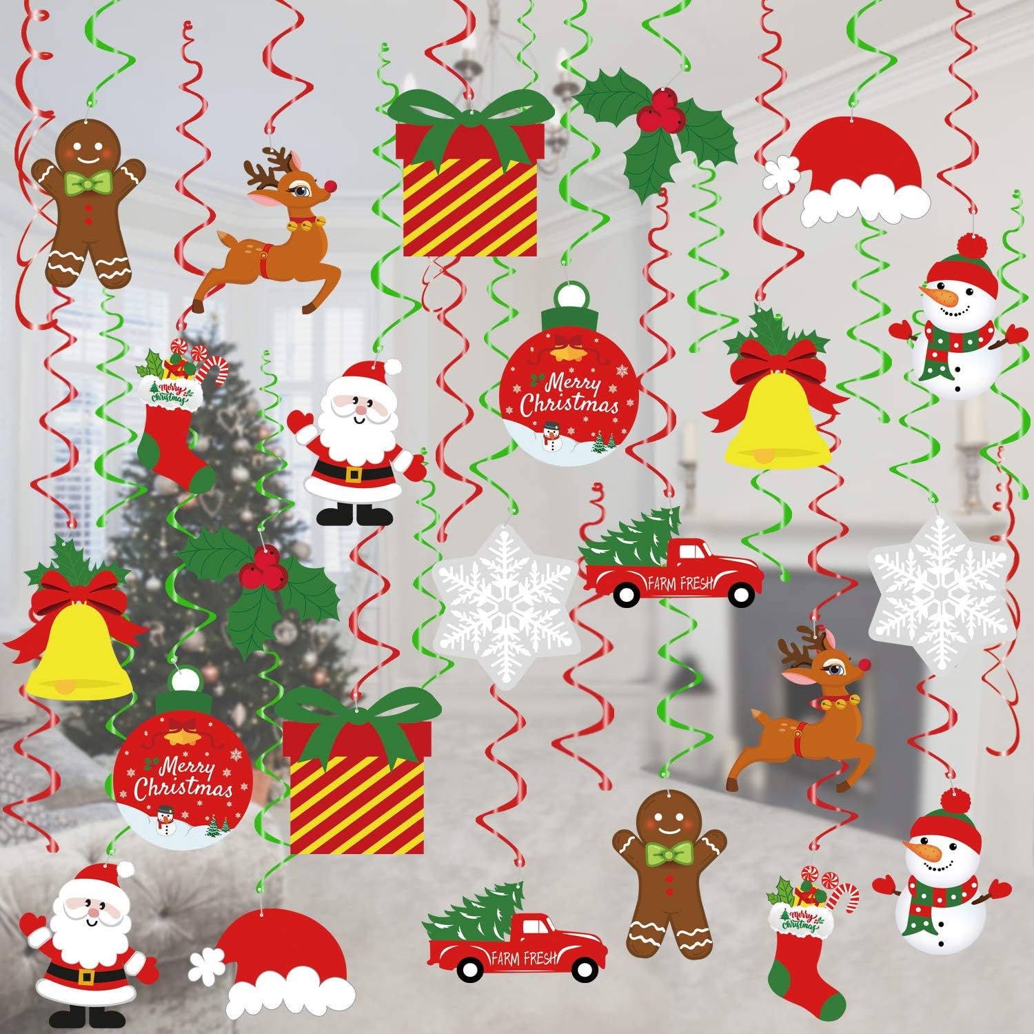 Tifeson Decoraciones de remolinos colgantes de Navidad, 36 serpentinas colgantes de techo de Navidad, remolinos de copo de nieve para el hogar,