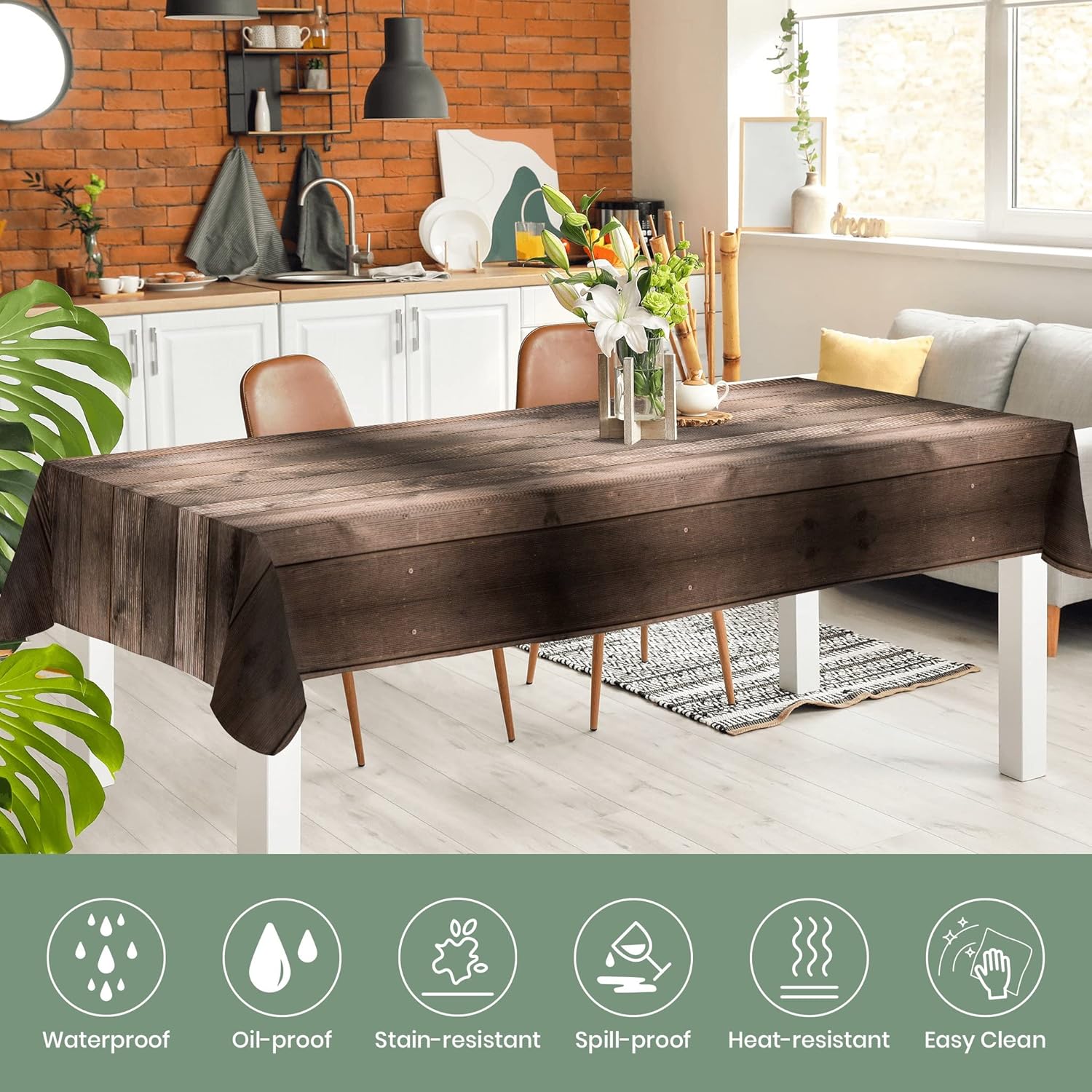 Mantel rectangular de tela de poliéster de 60 x 120 pulgadas, de grano de madera marrón, lavable, resistente a las arrugas, para comedor al aire