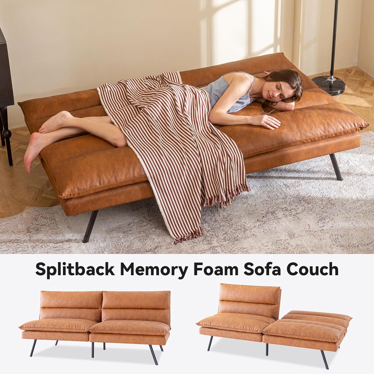 Sofá cama tipo futón convertible, sofá biplaza de espuma viscoelástica de piel sintética marrón, pequeño sofá europeo para espacios de vida