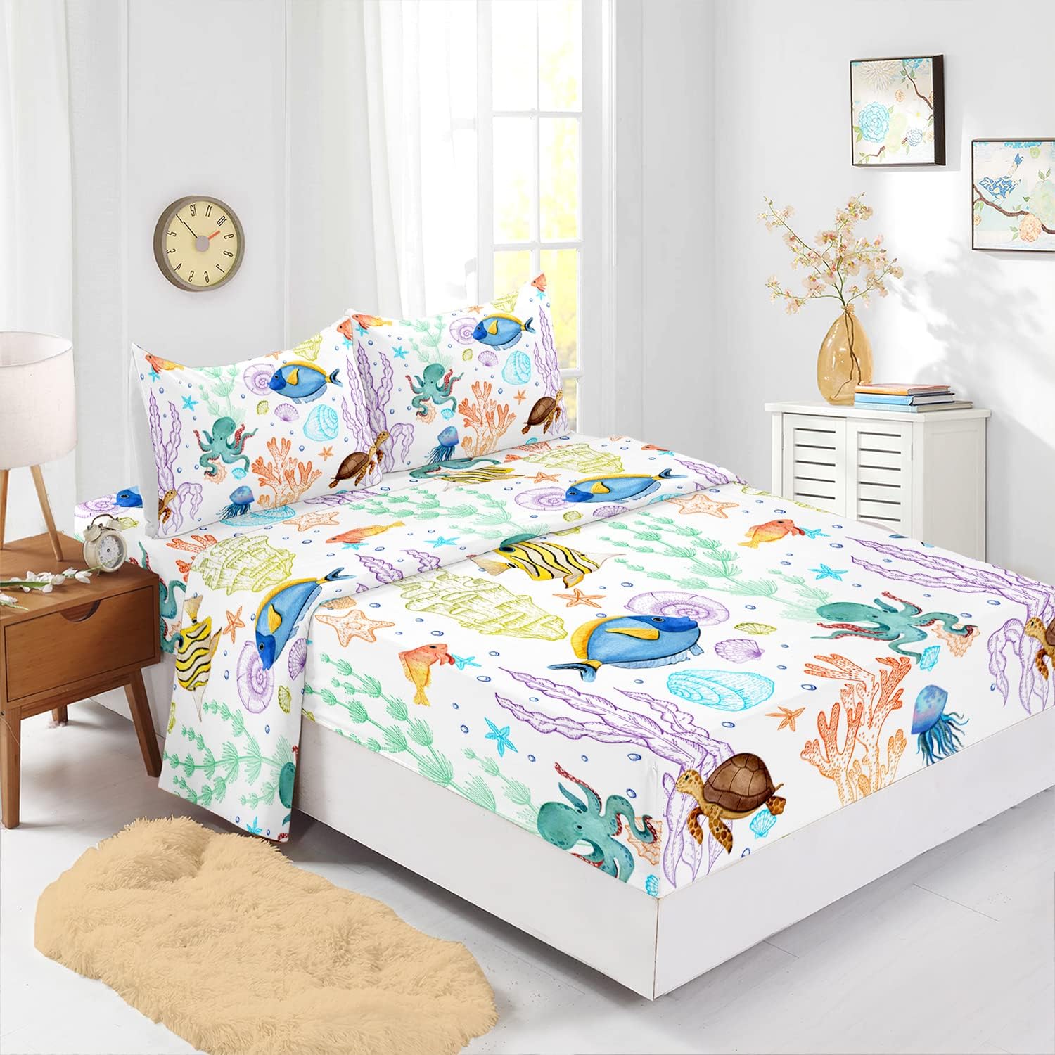 Juego de sábana bajera ajustable de tortuga marina con peces tropicales y vida marina de reptiles, animales marinos, funda de cama para adolescentes