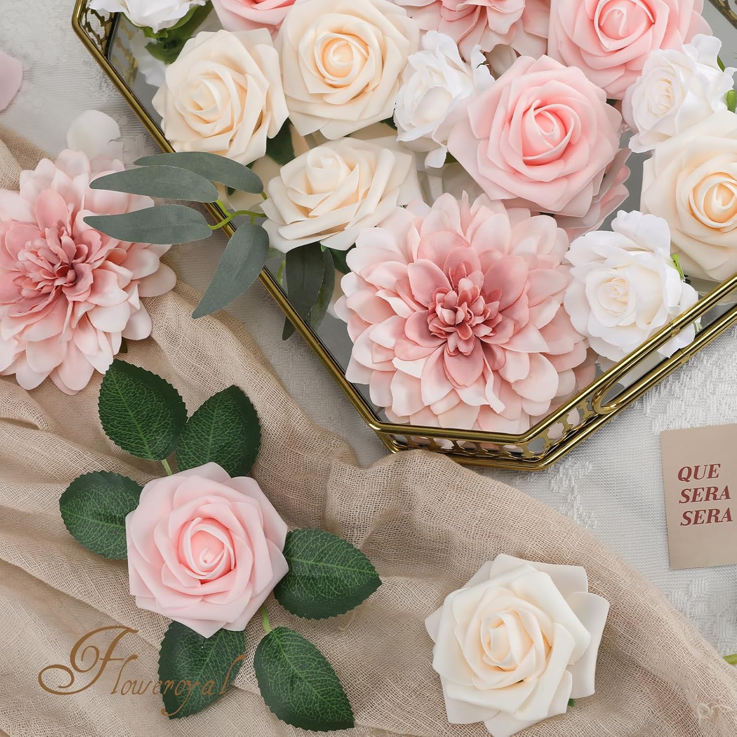 Floweroyal Flores rosas artificiales de color rosa, flores falsas de dalia con tallos para ramos de novia de boda, baby shower, arreglo floral,