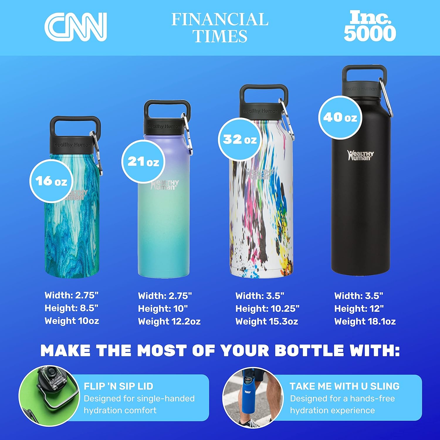 Botella de agua saludable y humana, sin BPA, para deportes, viajes, de acero inoxidable, aislada