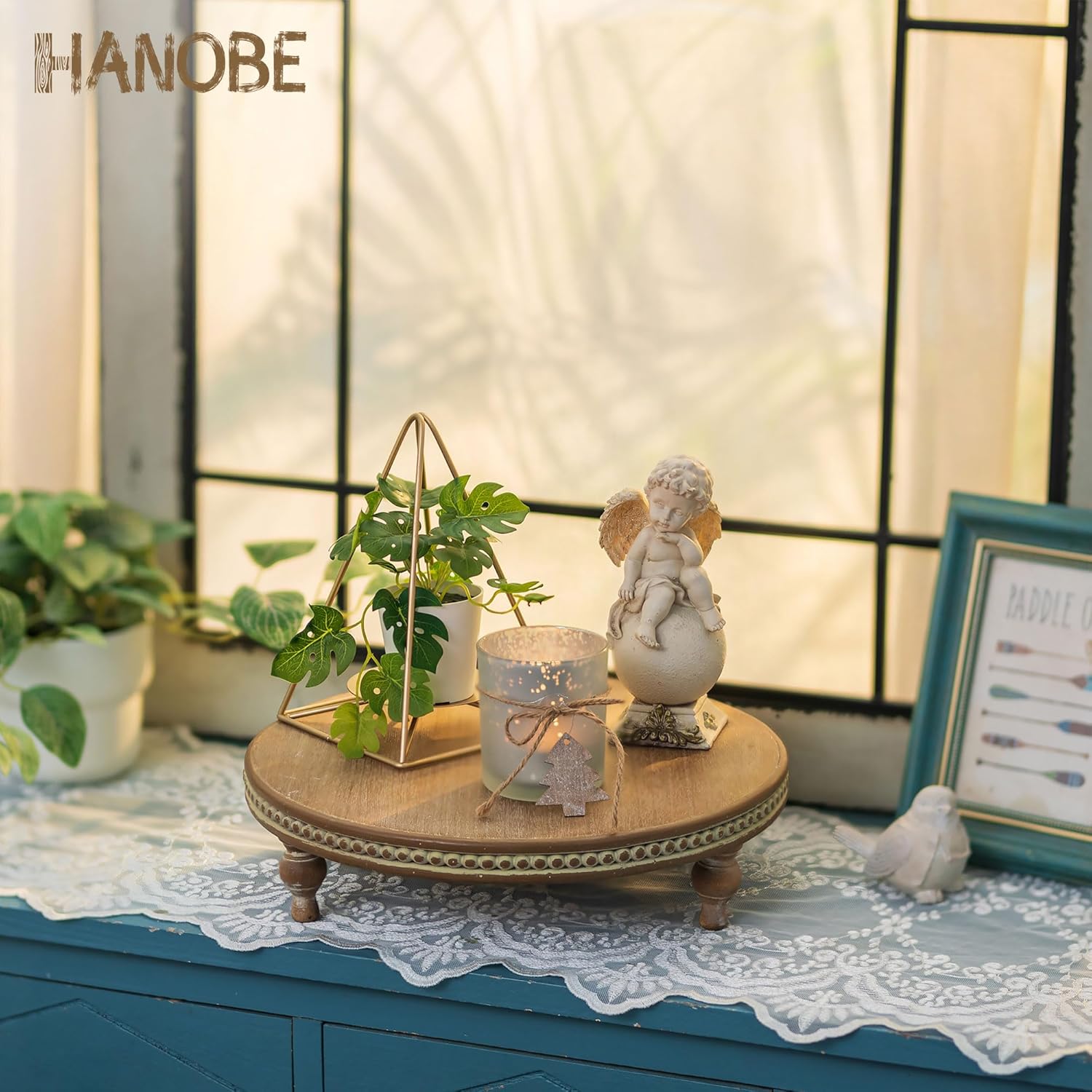 Hanobe Elevadores redondos de madera soporte de pedestal de madera con cuentas para decoración del hogar, bandejas decorativas marrones para
